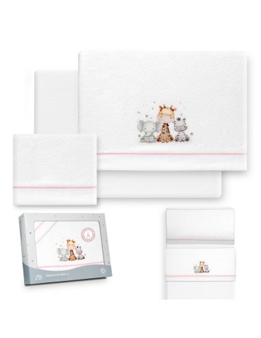 2x1 Juego de sábanas minicuna coralina estampado jirafa elefante bco/rosa