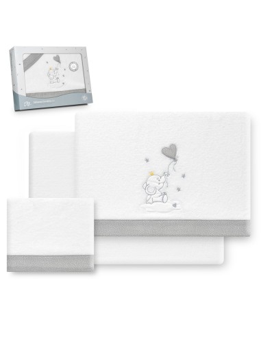 2x1 Juego de sábanas cuna coralina elefante globo corazon bco/gris