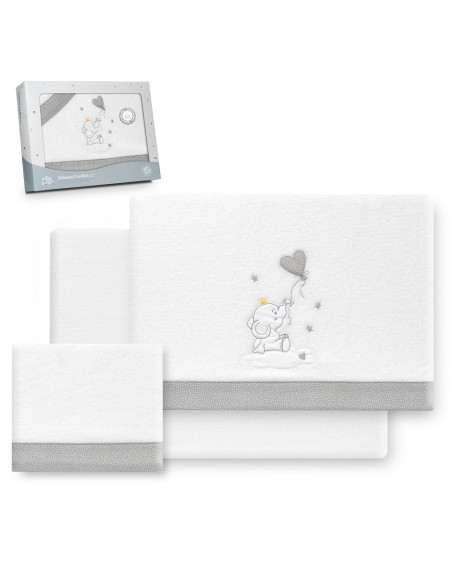 2x1 Juego de sábanas cuna coralina elefante globo corazon bco/gris