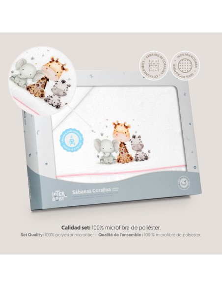 2x1 Juego de sábanas minicuna coralina estampado jirafa elefante bco/rosa