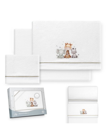 2x1 Juego de sábanas minicuna coralina estampado jirafa elefante bco/verde