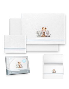 2x1 Juego de sábanas minicuna coralina estampado jirafa elefante bco/azul