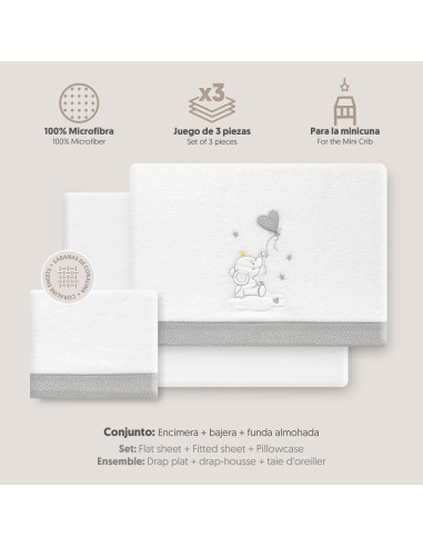 2x1 Juego de sábanas minicuna coralina elefante globo corazon bco/gris