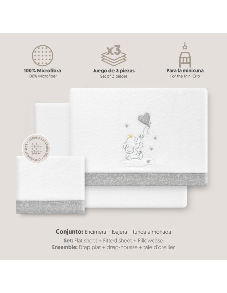 2x1 Juego de sábanas minicuna coralina elefante globo corazon bco/gris