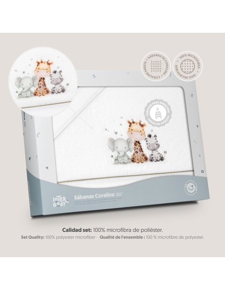 2x1 Juego de sábanas minicuna coralina estampado jirafa elefante bco/verde