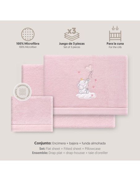 2x1 Juego de sábanas cuna coralina elefante globo corazon rosa