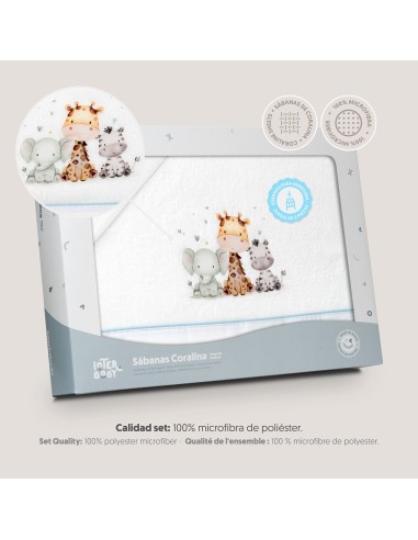 2x1 Juego de sábanas minicuna coralina estampado jirafa elefante bco/azul