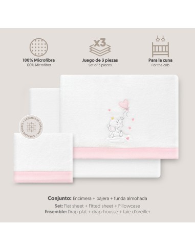 2x1 Juego de sábanas cuna coralina elefante globo corazon bco/rosa