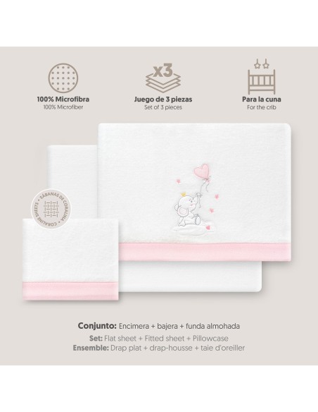 2x1 Juego de sábanas cuna coralina elefante globo corazon bco/rosa