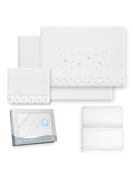 2x1 Juego de sábanas minicuna coralina estrellas luna bco/azul