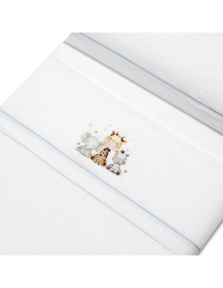 2x1 Juego de sábanas minicuna coralina estampado jirafa elefante bco/azul