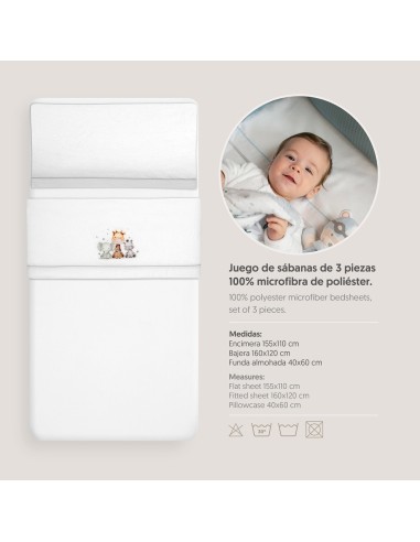 2x1 Juego de sábanas cuna coralina estampado jirafa elefante bco/gris