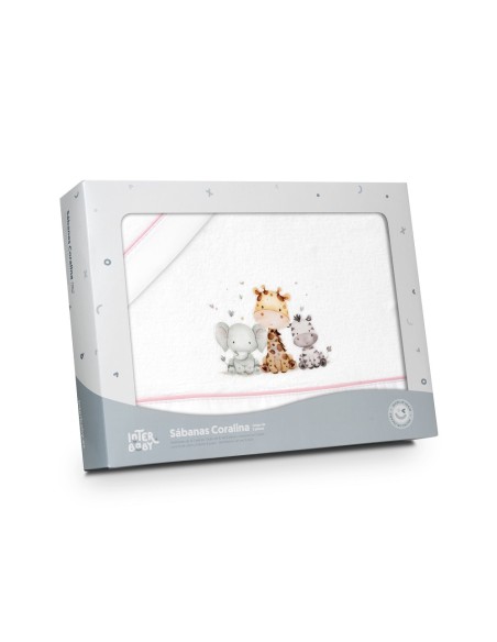 2x1 Juego de sábanas minicuna coralina estampado jirafa elefante bco/rosa