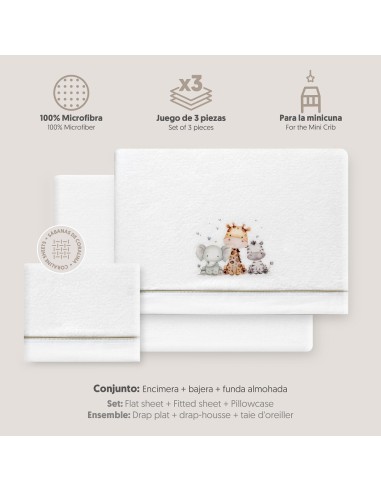 2x1 Juego de sábanas minicuna coralina estampado jirafa elefante bco/verde