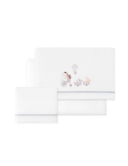 2x1 Juego de sábanas minicuna coralina mod. jirafa bicicleta bco/gris