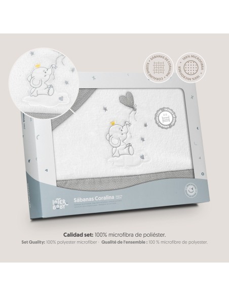 2x1 Juego de sábanas cuna coralina elefante globo corazon bco/gris