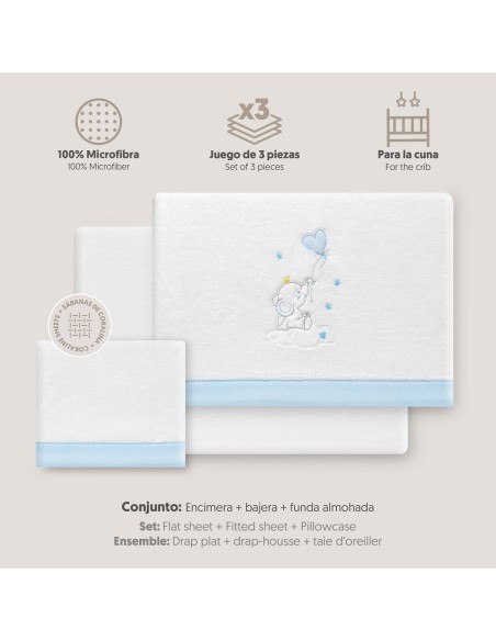 2x1 Juego de sábanas cuna coralina elefante globo corazon bco/azul