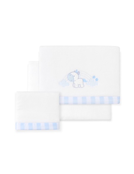 2x1 Juego de sábanas minicuna coralina mod. unicornio nube bco/azul