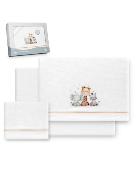 2x1 Juego de sábanas cuna coralina estampado jirafa elefante bco/beig