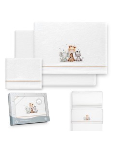 2x1 Juego de sábanas minicuna coralina estampado jirafa elefante bco/beig