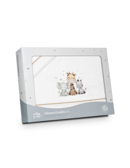 2x1 Juego de sábanas minicuna coralina estampado jirafa elefante bco/beig