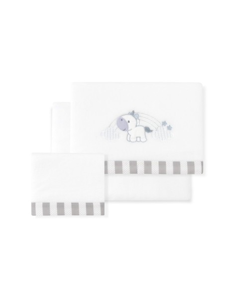 2x1 Juego de sábanas minicuna coralina mod. unicornio nube bco/gris