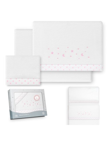 2x1 Juego de sábanas minicuna coralina estrellas luna bco/rosa