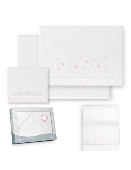 2x1 Juego de sábanas minicuna coralina estrellas luna bco/rosa