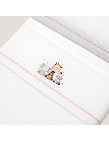 2x1 Juego de sábanas minicuna coralina estampado jirafa elefante bco/rosa