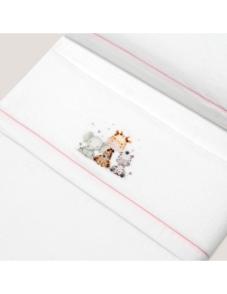 2x1 Juego de sábanas minicuna coralina estampado jirafa elefante bco/rosa