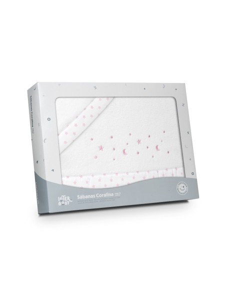 2x1 Juego de sábanas minicuna coralina estrellas luna bco/rosa