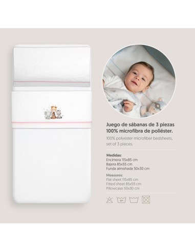 2x1 Juego de sábanas minicuna coralina estampado jirafa elefante bco/rosa
