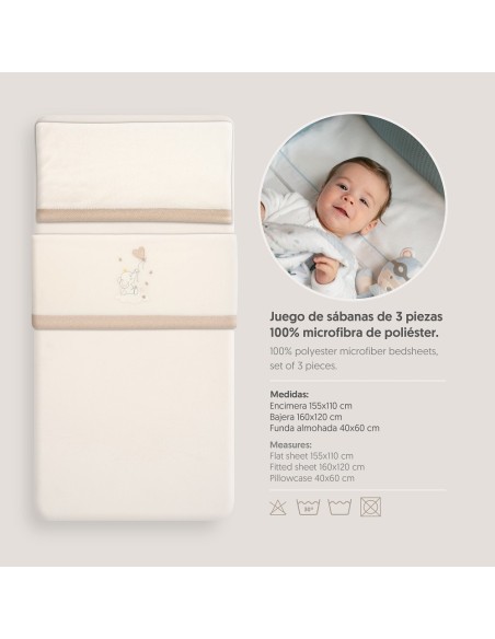 2x1 Juego de sábanas cuna coralina elefante globo corazon beig